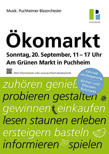 Puchheimer Ökomarkt am 20. September auf dem Grünen Markt Plakat Puchheimer Ökomarkt am 20. September auf dem Grünen Markt Plakat